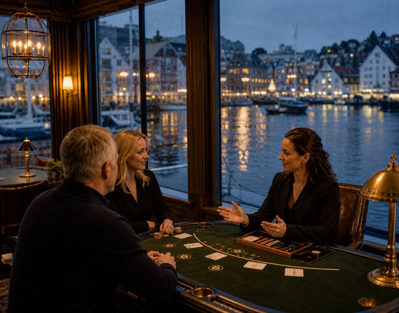Kasino med utsyn mot lysene langs Stavanger havn