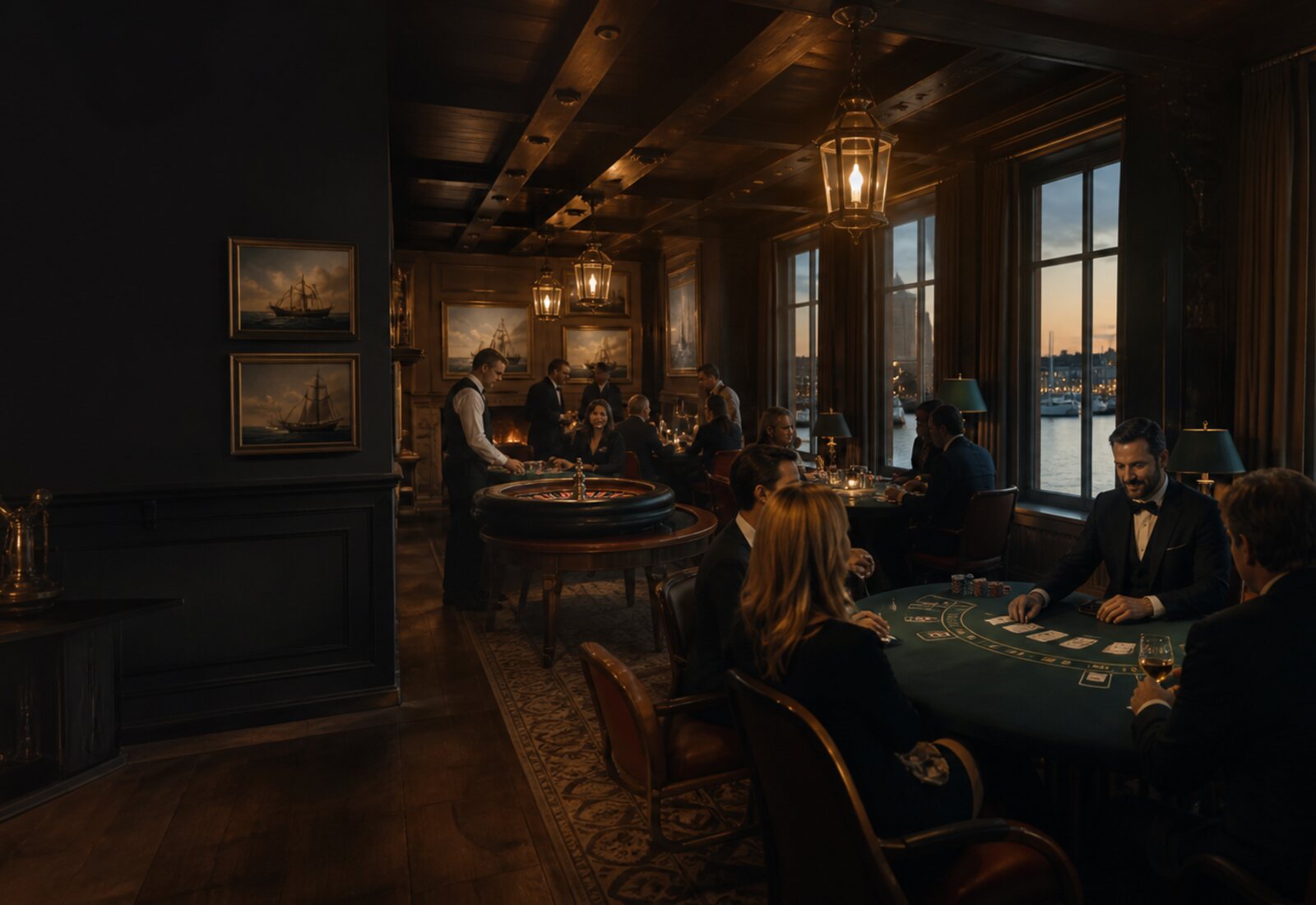 Varmt og elegant Kasino med mørkt tre, messing og dempet lys