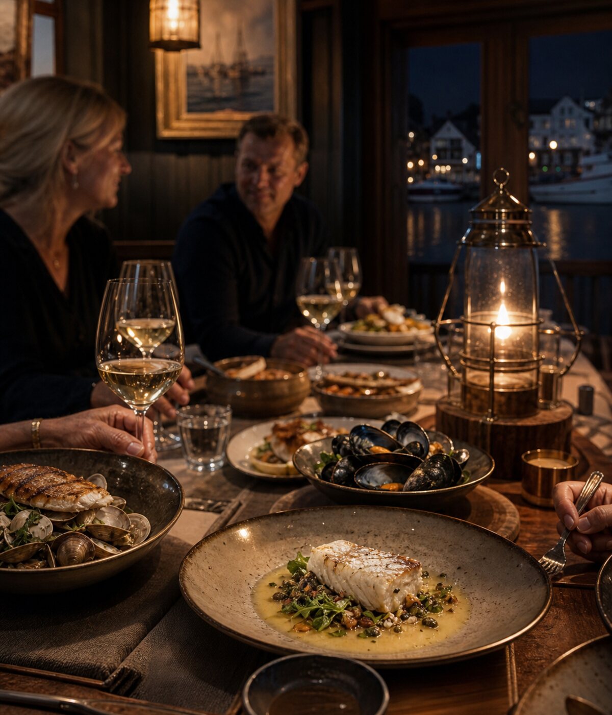 Kystmiddag servert i et lunt rom opplyst av lykter