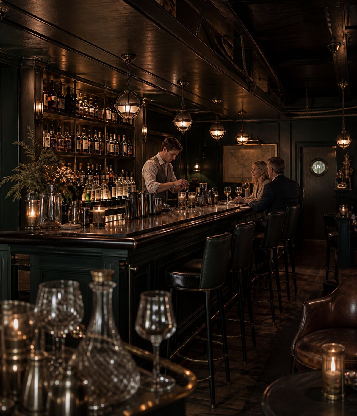 Maritim bar i mørkt tre og varm messing